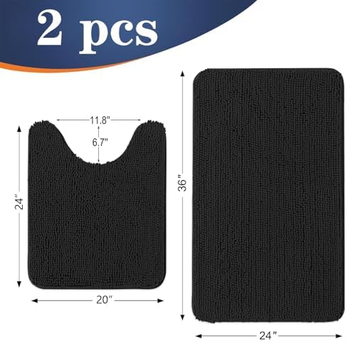 OLANLY Chenille Bathroom Rugs Mats Sets 2 Piece, 36"x24"+24"x20", Black