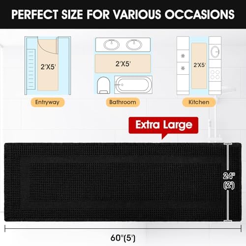 Extra Large Waffle Bath Mat, 5'x2' Black-Looped, Super Absorbent Non-Slip Quick Dry Bathroom Rugs with Tassels, Machine Washable Ultra Soft Boho Bath Rugs for Floor, Toilet Mats Boho Farmhouse Decor