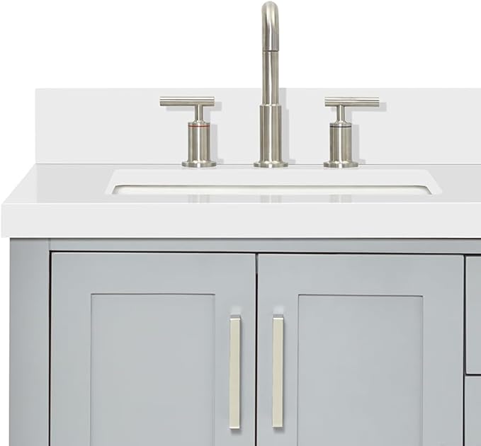 ARIEL Magnolia 60-inch Bathroom Vanity with Sink,Solid Wood, 1.5-inch Pure White Quartz Countertop & Backsplash, Double Rectangular Porcelain Sink, 4 Soft Closing Doors, 3 Dovetail Drawers, Grey