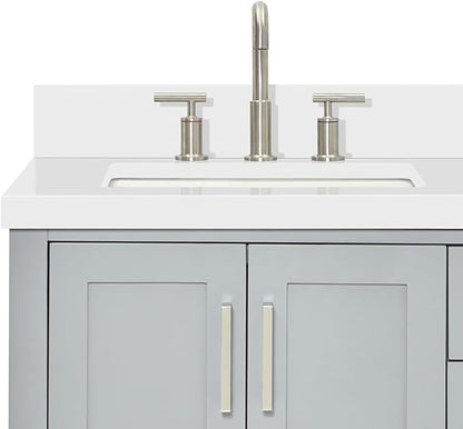 ARIEL Magnolia 60-inch Bathroom Vanity with Sink,Solid Wood, 1.5-inch Pure White Quartz Countertop & Backsplash, Double Rectangular Porcelain Sink, 4 Soft Closing Doors, 3 Dovetail Drawers, Grey