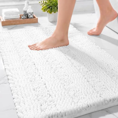 Yimobra Bathroom Rug Mat 36 x 24, Non Slip and Super Absorbent Bath Mat,Machine Washable Quick Dry,Ultra Plush Chenille Shower Rugs for Bathroom Floor Sink Tub and Shower Outside,White