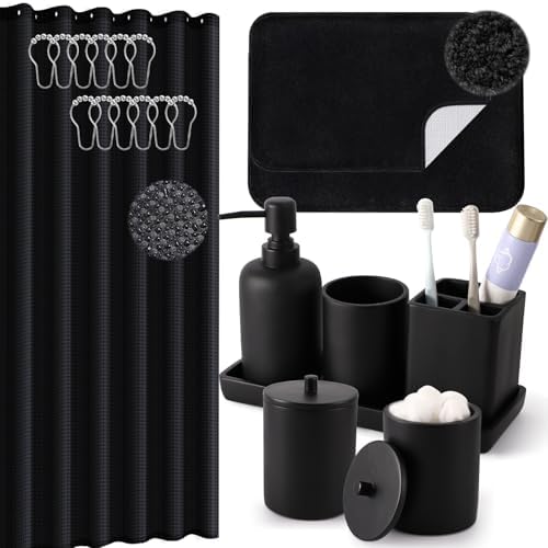 XLHOMO Black Bathroom Accessory Set with Shower Curtain and Rugs, Resin