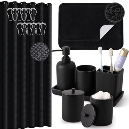 XLHOMO Black Bathroom Accessory Set with Shower Curtain and Rugs, Resin