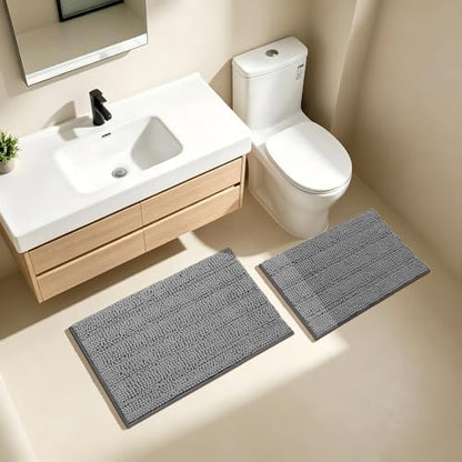 Bcoimo Bath Rug Mat Sets, 2 Piece Extra Soft Chenille Gray Bathroom Mat Set