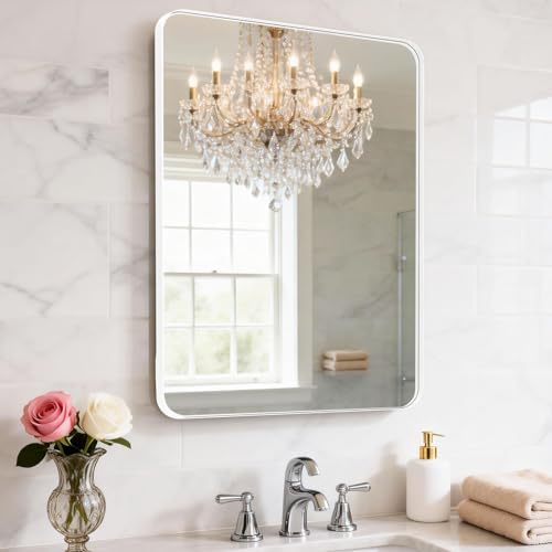 22x34inch White Metal-Frame，Wall Mounted Bathroom Mirror