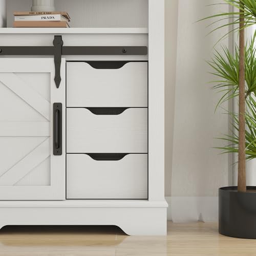 Panana Farmhouse Bathroom Floor Cabinet, Sliding Barn 3 Drawers & 1 Door Freestanding Small Storage Cabinet for Bathroom, Kitchen (White)