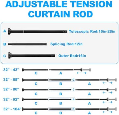 TEECK Shower Curtain Rod, 32-92 inch Adjustable Spring Tension Curtain Rod, Never Rust Anti-Slip Shower Curtain Rod for Bathroom, No Drilling, Never Collapse, Easy to Use, Black