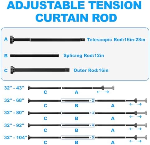 TEECK 2 Pack Shower Curtain Rod, 32-43 inch Adjustable Spring Tension Curtain Rod, Never Rust Anti-Slip Shower Curtain Rod for Bathroom, No Drilling, Never Collapse, Easy to Use, Black