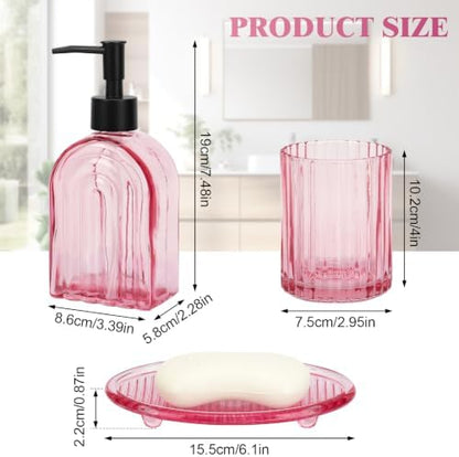 Bathroom Accessories Set, 4Pcs Glass Bathroom Accessories Set Complete, 13.5OZ Lotion Soap Dispenser, Toothbrush Holder, Mouthwash Cup, Soap Dish for Bathroom Decor, Countertop Organizer (Pink)