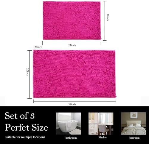 Bathroom Rugs Chenille Bath mat 2 Piece Set, Super Absorbent, PVC Non Slip Backing, Bath mats for Bathroom, Plush Shaggy, Thick, Machine Washable, Bathtub, Shower, Toilet.(Hot Pink)