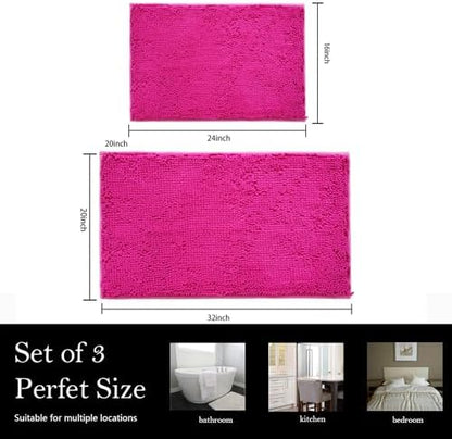 Bathroom Rugs Chenille Bath mat 2 Piece Set, Super Absorbent, PVC Non Slip Backing, Bath mats for Bathroom, Plush Shaggy, Thick, Machine Washable, Bathtub, Shower, Toilet.(Hot Pink)