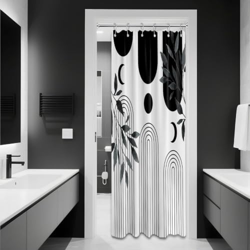 Mid Century Modern White and Black Shower Curtain Bohemian MCM Black and White Shower Curtains for Mens Bathroom Decor, Boho Minimalist Pattern, Waterproof Cloth Fabric with Hooks 36x72 in