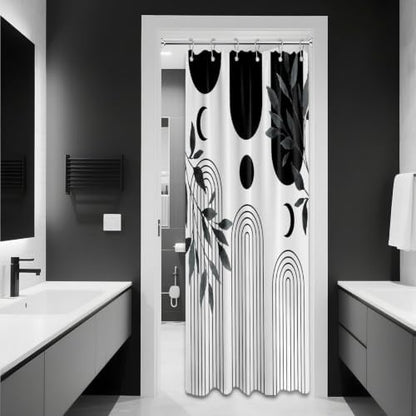 Mid Century Modern White and Black Shower Curtain Bohemian MCM Black and White Shower Curtains for Mens Bathroom Decor, Boho Minimalist Pattern, Waterproof Cloth Fabric with Hooks 36x72 in