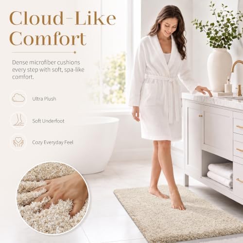 Yimobra Bathroom Runner Rug Non Slip 70x24,Long Bath Mat, Light Beige&White