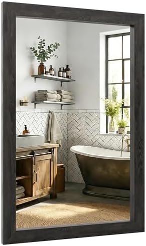 Black 24x36 Inch Wood-Grain Rectangular Wall Mirror