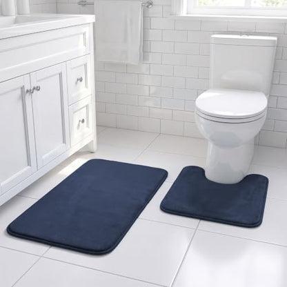H.VERSAILTEX Bath Mat Memory Foam Set Bathroom Rug Set Flannel Velvety Bath Mat Luxury Extra Soft and Absorbent Non Slip Rugs for Bedroom Washable(Curved Set 20"x 32" Plus 20"x 20"U, Navy)