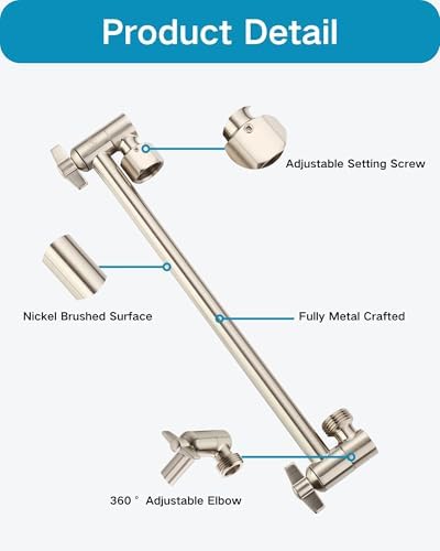 11 Inch Adjustable Shower Head Extension Arm With Locking Set Screw, Singing Rain 304 Stainless Steel Nickel Brushed Angle Height Adjustable, G1/2 Universal Connector Compatible (Nickel Brushed)