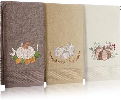 FuWeave 3 Pcs Brown White Fall Pumpkins Hand Towels for Bathroom