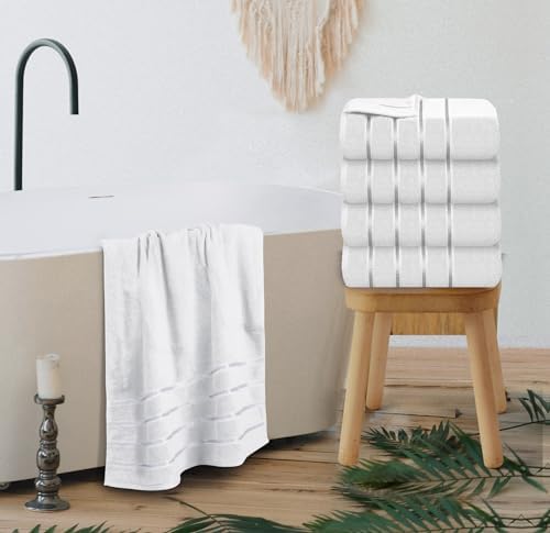 Luxury Bath Towels Set of 4, 27x54 Inches 600GSM 100% Cotton Ring Spun – Hotel Quality, Highly Absorbent - Viscose Stripe Bath Towel Sets (White)