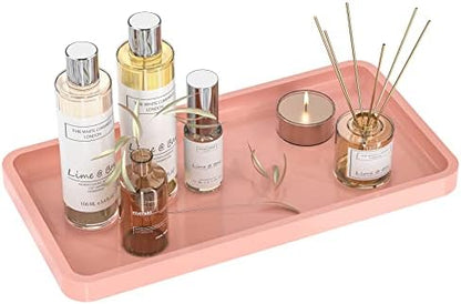 Bathroom Vanity Tray for Countertop - Bamboo Organizer Tray for Dresser Tops, Toilet, Perfume Small Decorative Tray Wood Tray for Home Decoration 11.81” L x 6.1” W x 0.79” H (Pink)