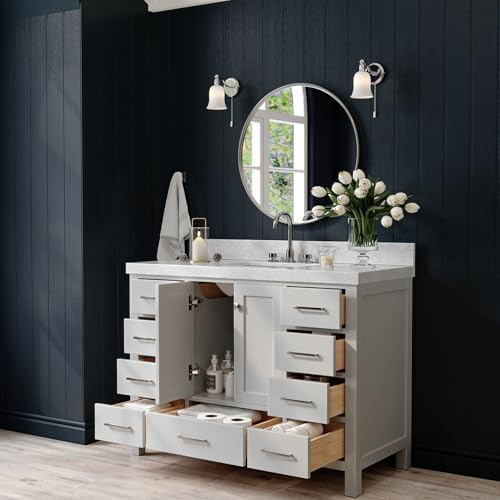 ARIEL Cambridge 48-inch Bathroom Vanity with Sink,Solid Wood, 2-inch Italian Carrara Marble Countertop, Single Rectangular Porcelain Sink, 2 Soft Closing Doors, 9 Dovetail Drawers, Grey