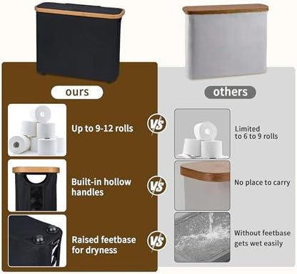 Toilet Paper Storage Basket with Lid - The Ultimate Bathroom Organizer, Free Standing Toilet Paper Holder for Up to 9 Mega Rolls, Toilet Tissue Storage Bin with Handle for RV Closet, Black