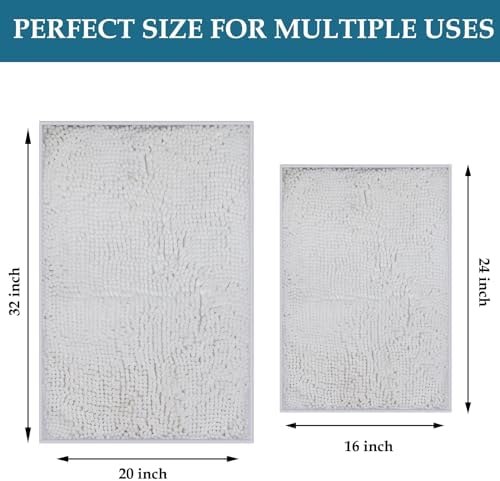 RUN HELIX Chenille Bathroom Mats - Non-Slip Shag Bath Rugs, Washable Soft Shower Mats, Durable Thick Water Absorbent Microfiber Bathroom Set, White
