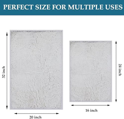 RUN HELIX Chenille Bathroom Mats - Non-Slip Shag Bath Rugs, Washable Soft Shower Mats, Durable Thick Water Absorbent Microfiber Bathroom Set, White