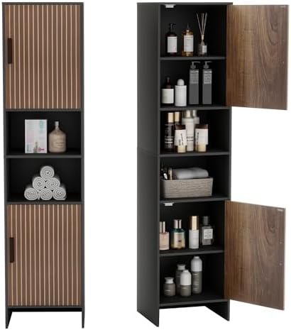 Bathroom Storage Cabinet, Tall Narrow Storage Cabinet with USB Light, Black