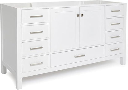ARIEL Cambridge 60-inch Bathroom Vanity Base Cabinet,Solid Wood, 2 Soft Closing Doors, 9 Dovetail Drawers, White