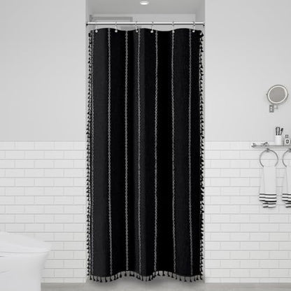 BTTN Small Boho Linen Heavy Duty Cloth Shower Curtain, 36x72, Black White