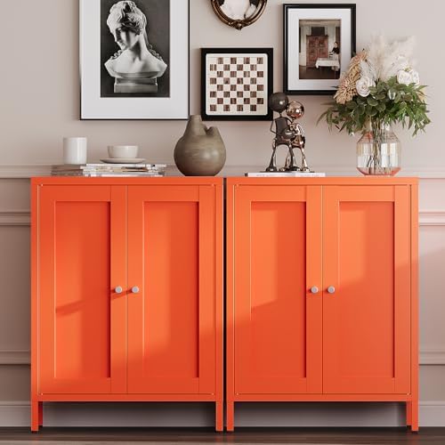 YAUWOH Metal Bathroom Storage Cabinet, Bathroom Floor Storage Cabinet with 2 Adjustable Shelves and 2 Doors,Freestanding Metal Sideboard for Small Spaces, Living Room, Dining Room,Orange