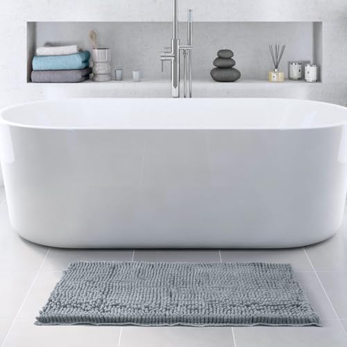 FRESHMINT Large Chenille Bathroom Rugs Mat 36"x24", Non-Slip Bath Mat for Bathroom Floor & Bathtub, Washable Shower Shag Bath Rugs, Soft Fluffy Thick Water Absorbent Microfiber Shower Mat, Sky Gray