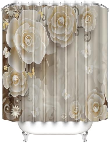Chrainy 4pcs Beige Flowers Shower Cutain Bathroom Decor Sets with Rugs