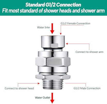 Heavy Duty Shower Head Swivel Ball Adapter, Solid Brass Shower Head Swivel Adapter Chrome Polished, Adjustable Shower Arm Connector Universal Shower Assembly Shower Arm Extension...