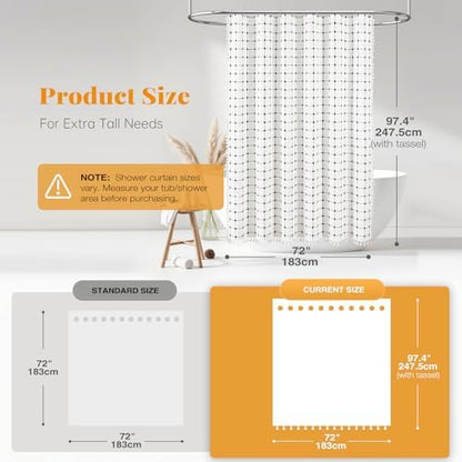 BTTN Extra Long Boho Farmhouse Linen Shower Curtain, 72x96, White and Black
