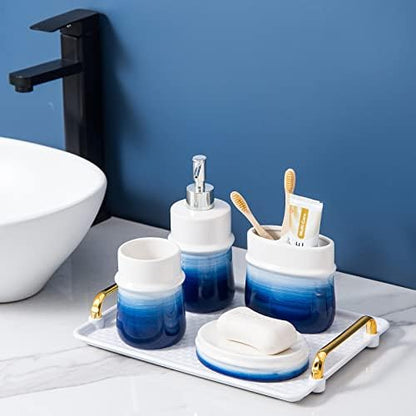 Navy Blue Bathroom Accessories Set, 4-Piece Blue Ceramic Bathroom Decorations Accessories Set,Contain Toothbrush Cup,Soap Dispenser,Soap Dish,Tumbler