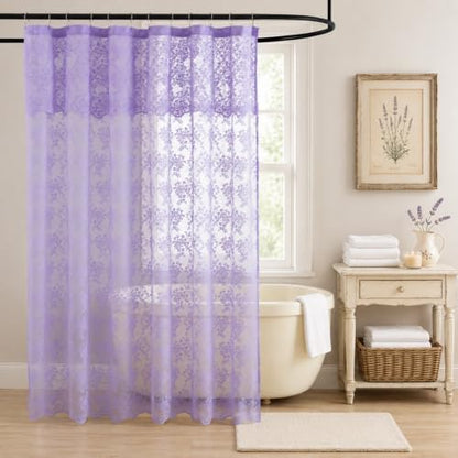 Purple Lace Shower Curtain, Scalloped Edge with Attached Valance 72x72