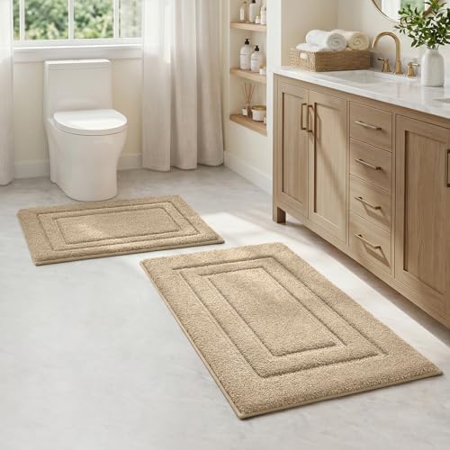 HOMEIDEAS Bathroom Rugs Sets 2 Piece, Soft Non Slip Bath Mat Khaki