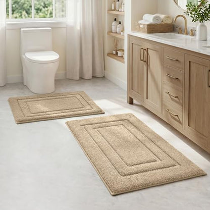 HOMEIDEAS Bathroom Rugs Sets 2 Piece, Soft Non Slip Bath Mat Khaki
