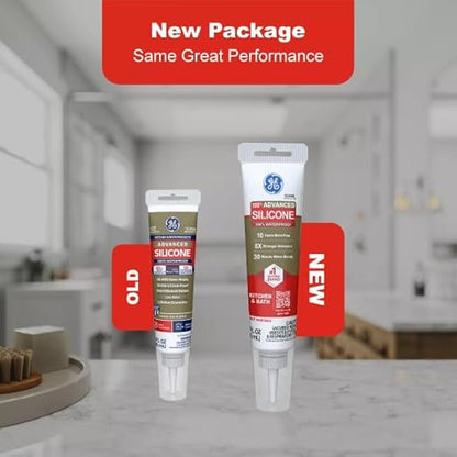 GE Advanced Silicone Caulk for Kitchen & Bathroom, Clear, 2.8 fl oz Tube, 1 Pack - 100% Waterproof Silicone Sealant, 5X Stronger Adhesion, Shrink & Crack Proof