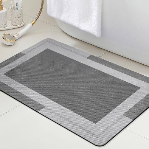 ACCUMTEK Non Slip Bath Mat, Thin Bathroom Rugs Fit Under Door, Quick Dry Bath Mats, Machine Washable Bath Rugs for Bathroom, Bathtub & Kitchen, Grey/Bordered/32 x20