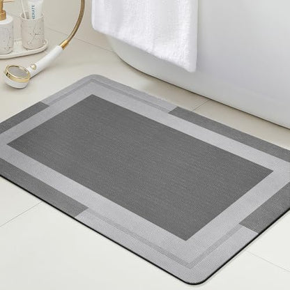 ACCUMTEK Non Slip Bath Mat, Thin Bathroom Rugs Fit Under Door, Quick Dry Bath Mats, Machine Washable Bath Rugs for Bathroom, Bathtub & Kitchen, Grey/Bordered/32 x20