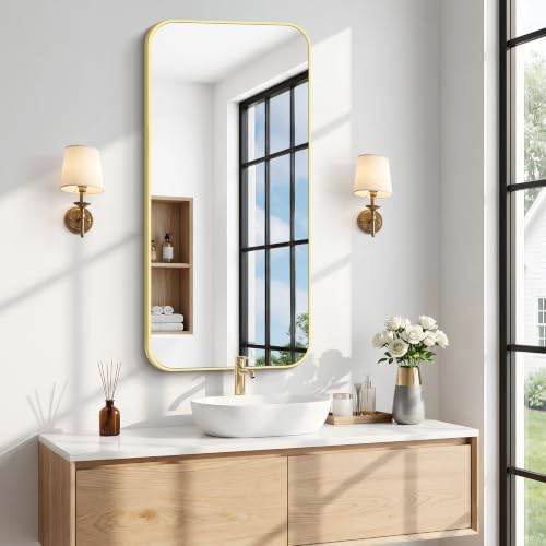 BONEWEI Gold Bathroom Mirror,20x40 inch Wall Mirror for Bathroom Wall Mounted,Round Rectangle Mirror for Bathroom Over Sink,Modern Frame for Home Decor Living Room,Bedroom Entryway,Horizontal/Vertical