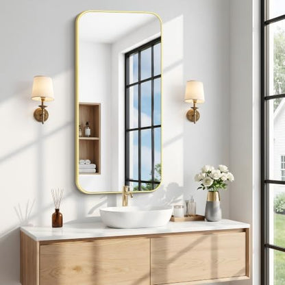 BONEWEI Gold Bathroom Mirror,20x40 inch Wall Mirror for Bathroom Wall Mounted,Round Rectangle Mirror for Bathroom Over Sink,Modern Frame for Home Decor Living Room,Bedroom Entryway,Horizontal/Vertical