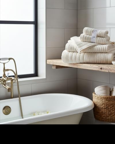 BIOLINEN Ivory 6 Piece Towel Set, 2 Bath Towels 2 Hand Towels 2 Washcloths, 100% Cotton Soft Absorbent Towel Sets for Bathroom Home Gym Spa Travel
