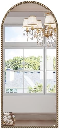 Arched Gold Antique Mirror with Beaded, 22"x48" Gold Arch Bathroom Vanity Mirror, Retro Brass Metal Frame Decorative Mirror for Bedroom Dressing Room Entryway Fireplace