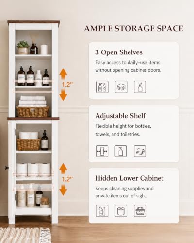 66'' Tall Bathroom Storage Cabinet, Modern Farmhouse Storage Cabinets with Adjustable Shelves & Anti-Tip Design Floor Narrow Cabinet for Bathroom, Living Room, Entryway, Kitchen
