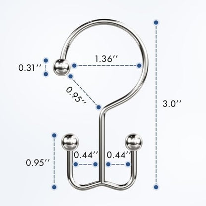 Bathway Shower Curtain Hooks Nickel Shower Curtain Rings, 12 Pcs Double Hook Shower Curtain Hooks Rings Shower Curtain Hangers Rust Proof, Metal Shower Hooks for Bathroom Shower Curtain Rod