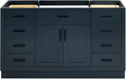 ARIEL Hepburn 60-inch Bathroom Vanity Base Cabinet,Solid Wood, 2 Soft Closing Doors, 9 Dovetail Drawers, Midnight Blue